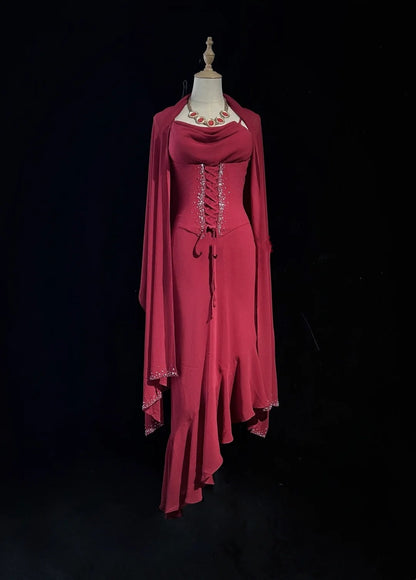 Retro Sheath Spaghetti Straps Red Irregular Tea Length Chiffon With Cape Prom Dresses Formal Party Outfits RB3953