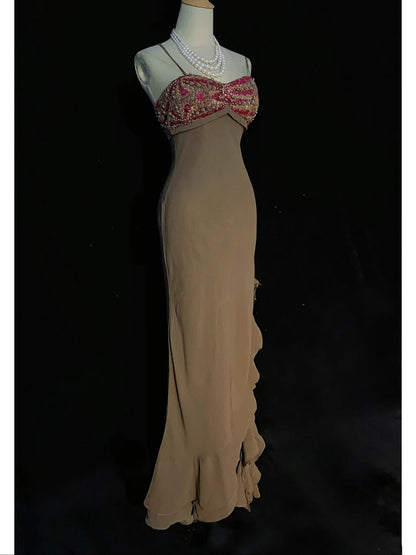 Vintage Prom Dresses 90s Mermaid Spaghetti Strap Chiffon Long Semi Formal Evening Outfits N3655