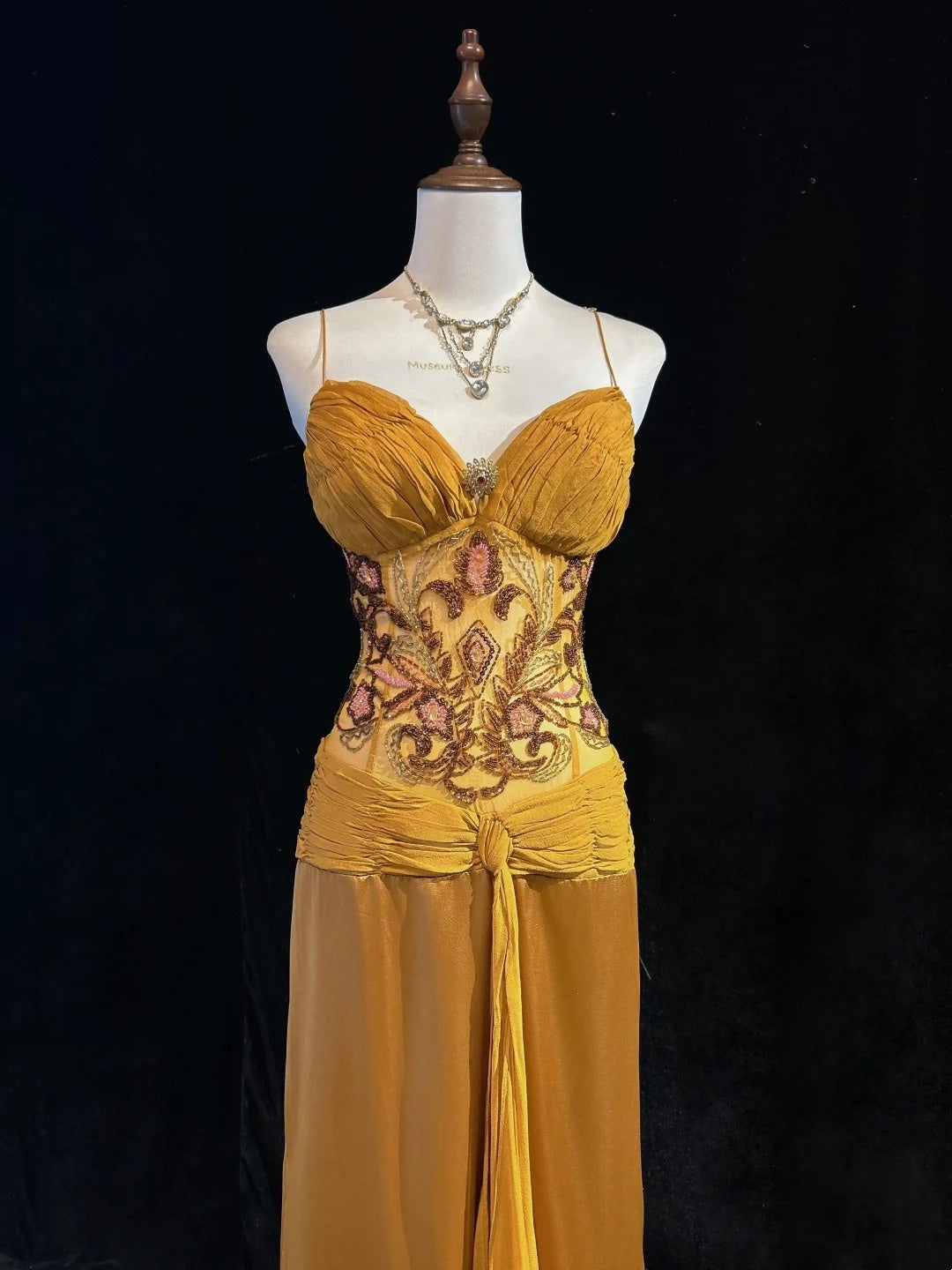 Vintage Prom Dresses Mermaid Spaghetti Strap Gold With Ruffle Beads Chiffon 90s Formal Gown N2588