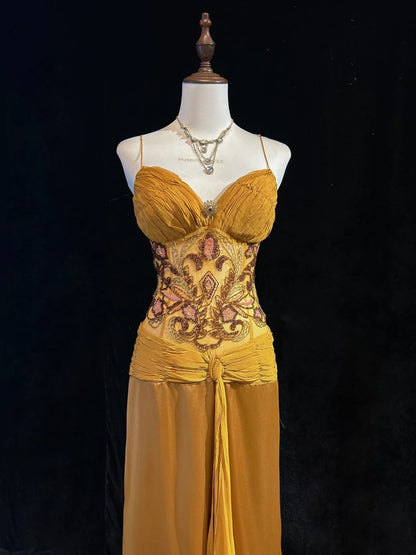 Vintage Prom Dresses Mermaid Spaghetti Strap Gold With Ruffle Beads Chiffon 90s Formal Gown N2588