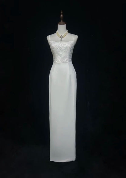 White Prom Dress Inspo Sheath Spaghetti Straps With Beading Modest Long Formal Party Gown RC0086