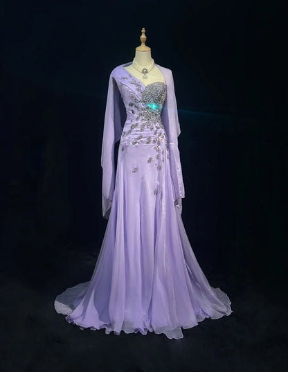Elegant A Line One Shoulder Lilac Chiffon With Silver Beaded Bodice Formal Dress Long Prom Dresses N2725