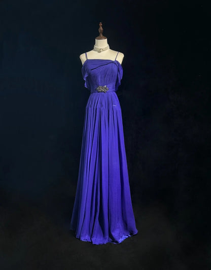 Vintage Prom Dresses A line Spaghetti Strap Royal Blue 90s With Ruffles Beading Long Formal Party Dress N2506