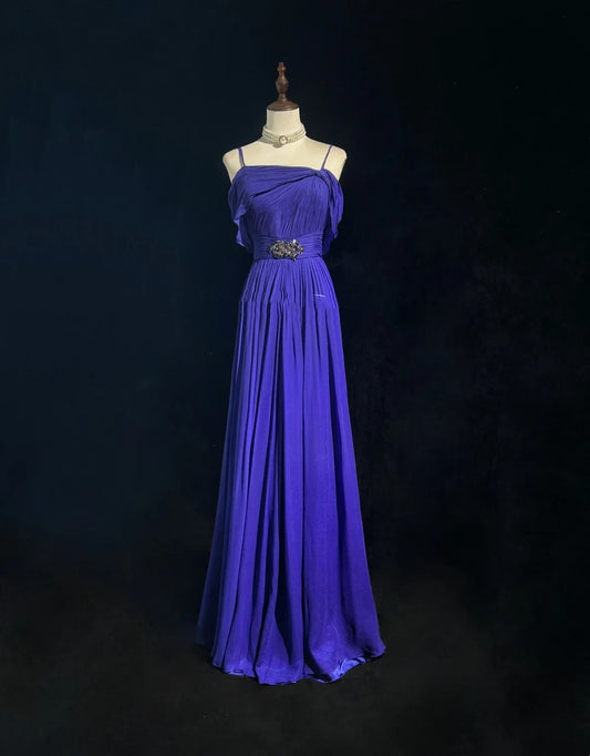 Vintage Prom Dresses A line Spaghetti Strap Royal Blue 90s With Ruffles Beading Long Formal Party Dress N2506