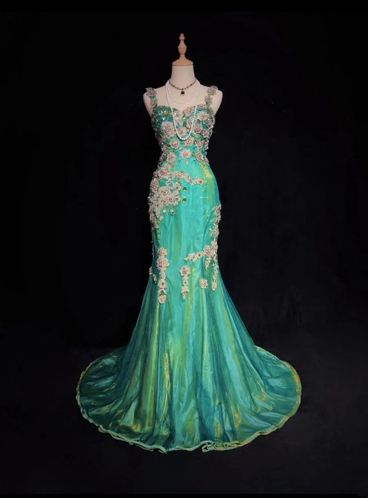 Vintage Prom Dresses Mermaid Sweetheart Green Tulle 70s With Beads Appliqued Formal Gown N2533