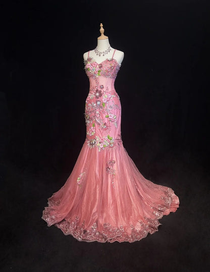 Vintage Prom Dresses Mermaid Spaghetti Strap Pink Lace With Beading 90s Long Formal Gown N2890