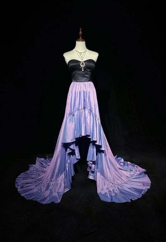 Vintage Prom Dresses High Low Strapless Lilac Black Satin 1990s Formal Evening Gown N2653