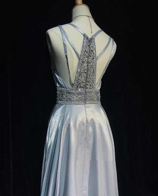 Modest Prom Dresses A line Spaghetti Strap Grey Satin Long Formal Evening Outfits N3617