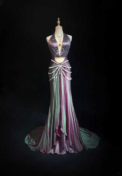 Glamour Prom Dresses Mermaid Halter Grape With Pearls Formal Evening Outfits N3851