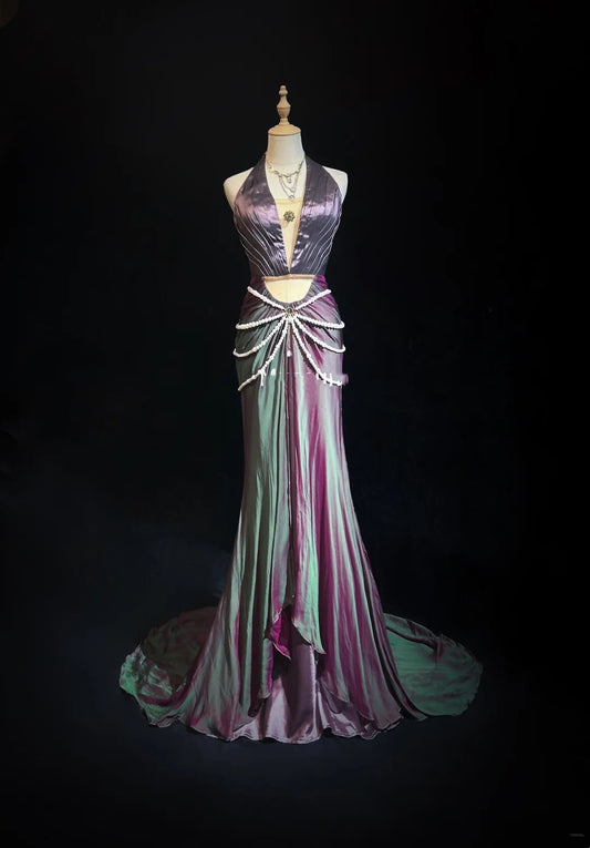 Glamour Prom Dresses Mermaid Halter Grape With Pearls Formal Evening Outfits N3851