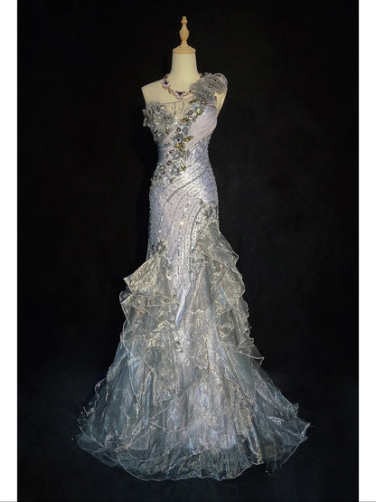 Vintage Prom Dresses 80s Mermaid One Shoulder Grey Sleeveless With Beading Semi Formal Evening Outfits N3613