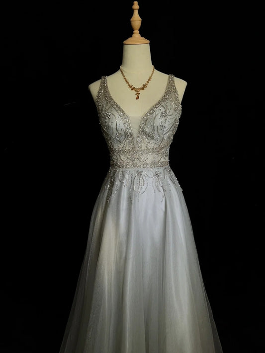 Vintage Prom Dresses Inspo A line V Neck Light Grey With Beading For Women Formal Dress N3238