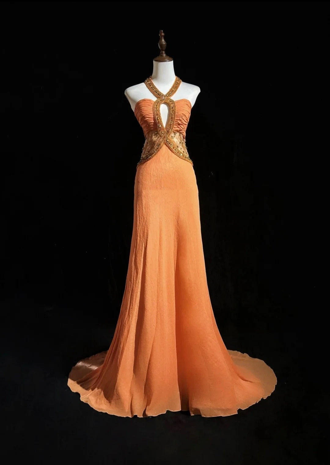 Vintage Prom Dresses Mermaid Halter Orange With Ruffle Beads Chiffon 90s Formal Gown N2587