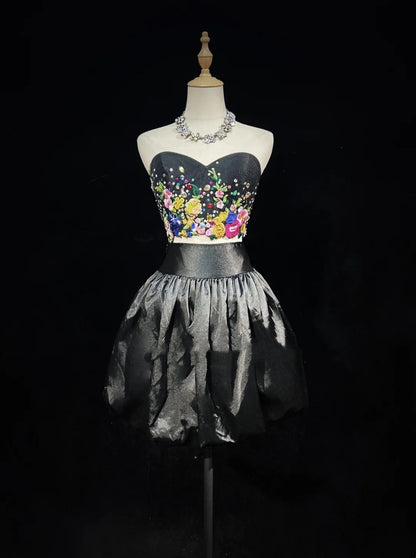 Cute Ball Gown 2 Pieces Black Floral Satin Ideas For Women Short Length Birthday Dresses Homecoming Outfits N3449