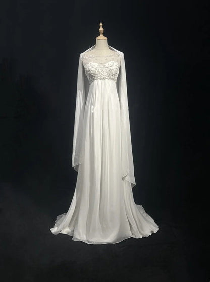 Fairytale Fantasy Art Wedding Dresses A line Scoop White Beads Long Brides Dress Bridal Gowns N2600