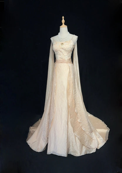 Vintage Prom Dresses A line Spaghetti Strap Champagne With Long Sleeves 90s Evening Gown N3001