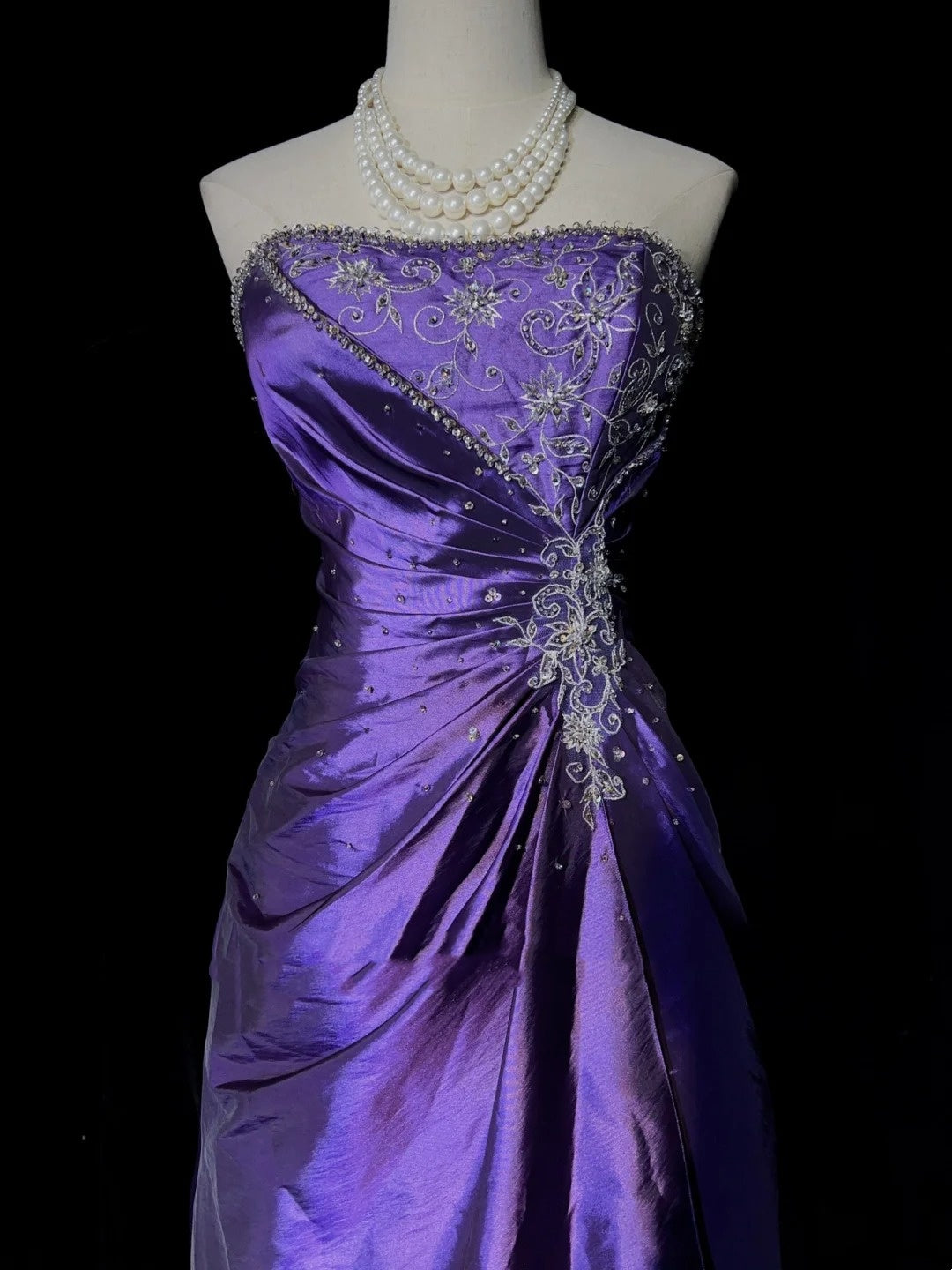 Vintage Prom Dresses Ball Gown Strapless Purple With Gold Lace Applique 80s Long Formal Evening Outfits N3886
