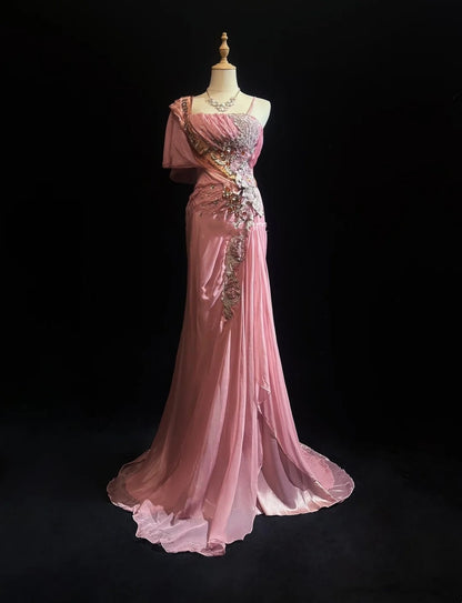 Vintage Prom Dresses Mermaid Pink Chiffon With Beading Applique 1970s Long Formal Gown N2620