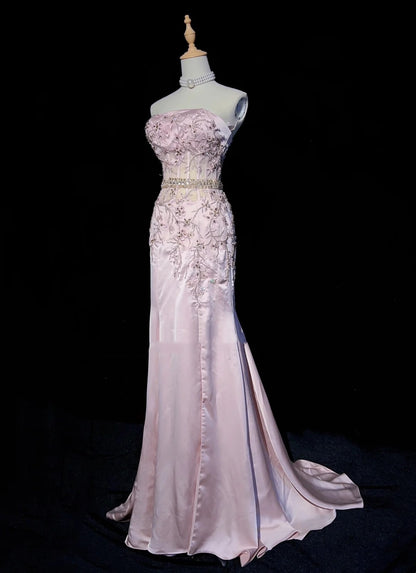 Vintage Prom Dresses 80s Mermaid Strapless Pink Satin Applique Long Formal Evening Outfits N3480