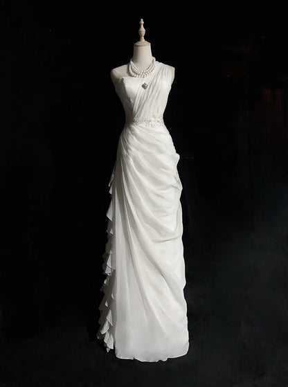 Unique Wedding Dresses Sheath One Shoulder Chiffon White Long Bridal Gown N3105