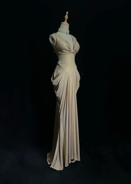 Elegant Sheath V Neck Champagne Chiffon With Pleated Bodice Formal Dress Long Prom Dresses N2737