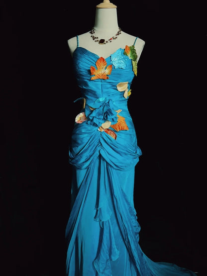 Modest Prom Dresses Mermaid Spaghetti Strap Blue Chiffon Sleeveless With Leaf Formal Evening Dress N3841