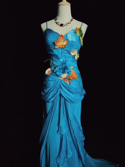Modest Prom Dresses Mermaid Spaghetti Strap Blue Chiffon Sleeveless With Leaf Formal Evening Dress N3841