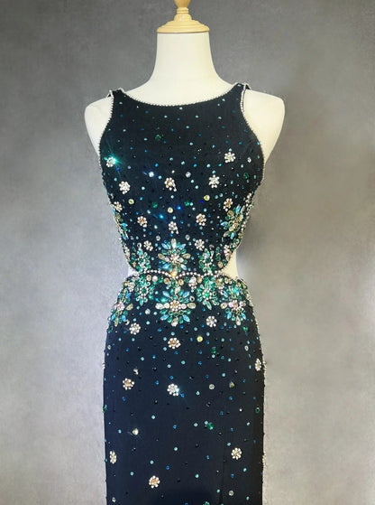 Vintage Prom Dresses Mermaid Scoop Black Split Slit With Beading 1970s Long Formal Gown N2611