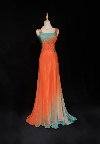 Vintage Prom Dresses 1960s A line Square Neck Gradient Orange Chiffon Beaded Long Prom Gown N3104
