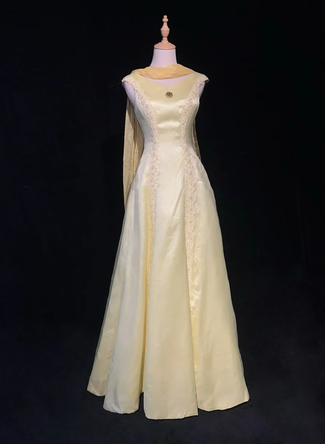Vintage Prom Dresses 1950s Retro Classy A line Scoop Yellow Satin Evening Outfits With Scarf N3011
