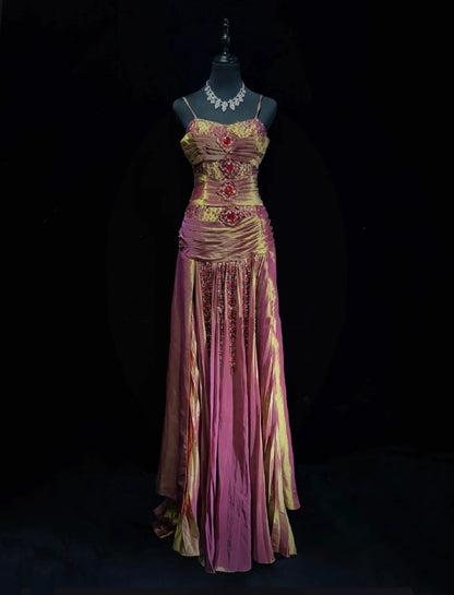 Classy Prom Dresses A Line Spaghetti Strap Grape Taffeta With Ruffle Long Formal Gown N2910