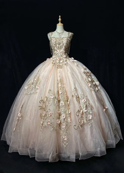 Princess Lace Square Neck Blush Pink Sweet 16 Dress Ball Gown Sleeveless Sweet Sixteen Dress RC0078