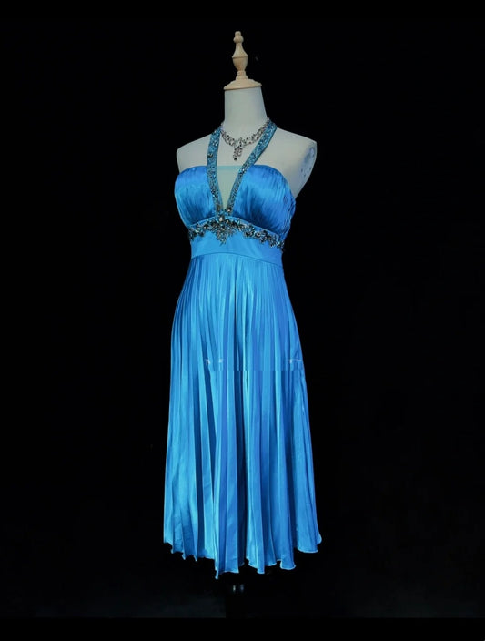 Vintage Prom Dresses A line Halter Blue Satin With Beads Mid Length 80s Formal Gown N2581