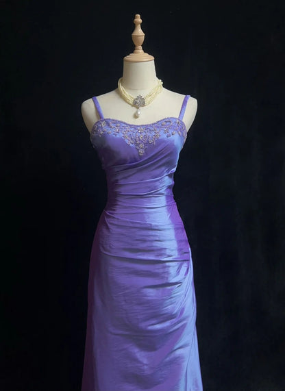 Simple Prom Dresses Sheath Spaghetti Strap Lilac Floor Length Taffeta Formal Evening Dress N3696