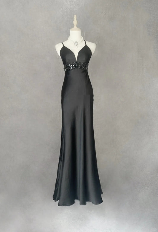 Vintage Prom Dresses 1970s Mermaid Spaghetti Strap Black Tie Dress Prom Dresses Evening Formal Outfits RB5129