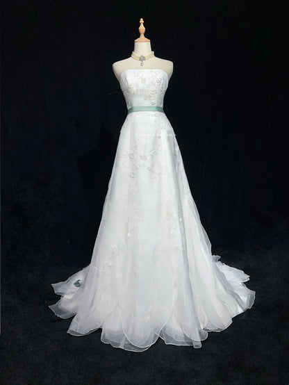 Unique Wedding Dresses A Line Strapless White With Beading Summer Garden Long Bridal Gown N3676