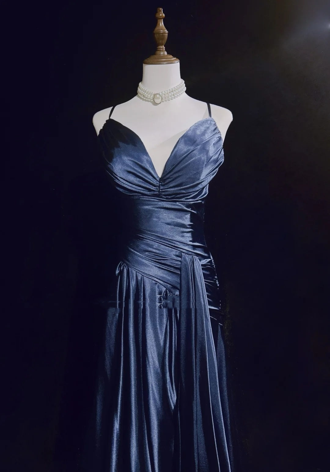 Vintage Prom Dresses A line Spaghetti Strap Navy Blue Satin 1990s Formal Evening Gown N2661