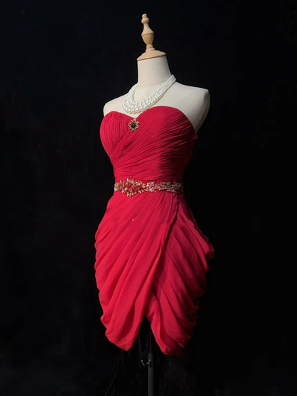 Cute Sheath Sweetheart Red Chiffon Short Mini 18th Birthday Gown Homecoming Dresses N3681