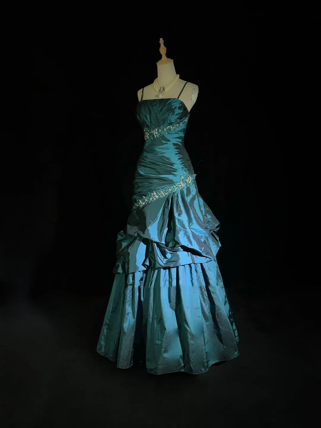 Vintage Prom Dresses Ball Gown Spaghetti Strap Teal Blue Sleeveless Taffeta 90s Long Formal Gown N2893