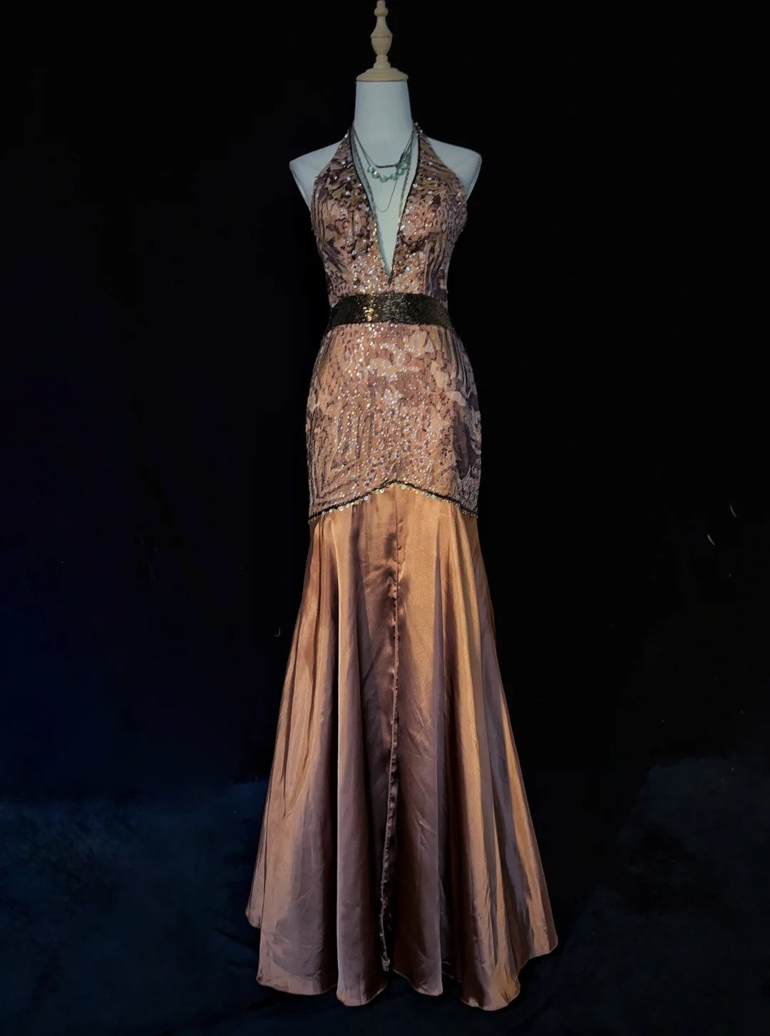 Princess Prom Dresses Mermaid V Neck Brown With Lace Beading Evening Long Dress N3293