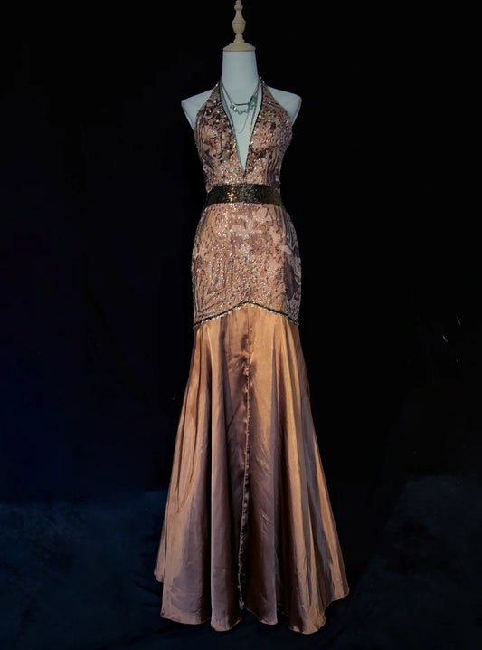 Princess Prom Dresses Mermaid V Neck Brown With Lace Beading Evening Long Dress N3293