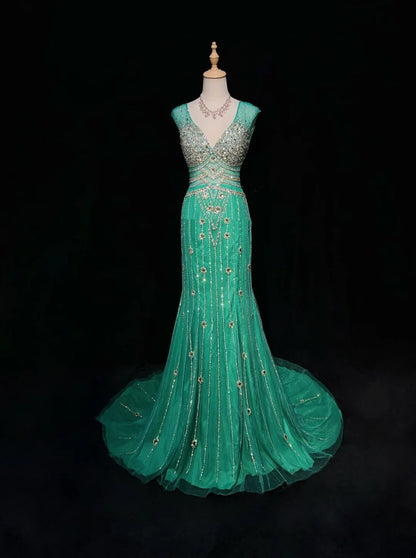 Glamorous Prom Dresses Mermaid V Neck Green Tulle Backless With Beaded Formal Dress N2872