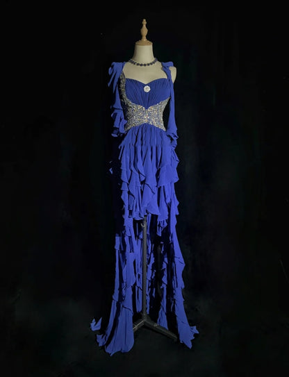 Elegant Prom Dresses A line High Low One Shoulder Royal Blue Chiffon With Beading Sleeveless Long Formal Gown N2881