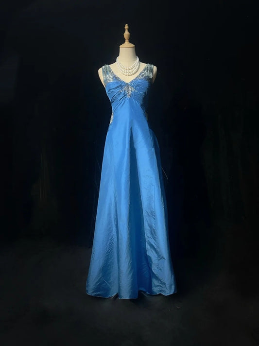 Vintage Prom Dresses A Line V Neck Blue Satin Lace 1990s Long Formal Evening Gown N2644