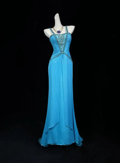 Vintage Prom Dresses Mermaid Halter Blue Chiffon 80s With Beading Long Formal Evening Outfits N4201