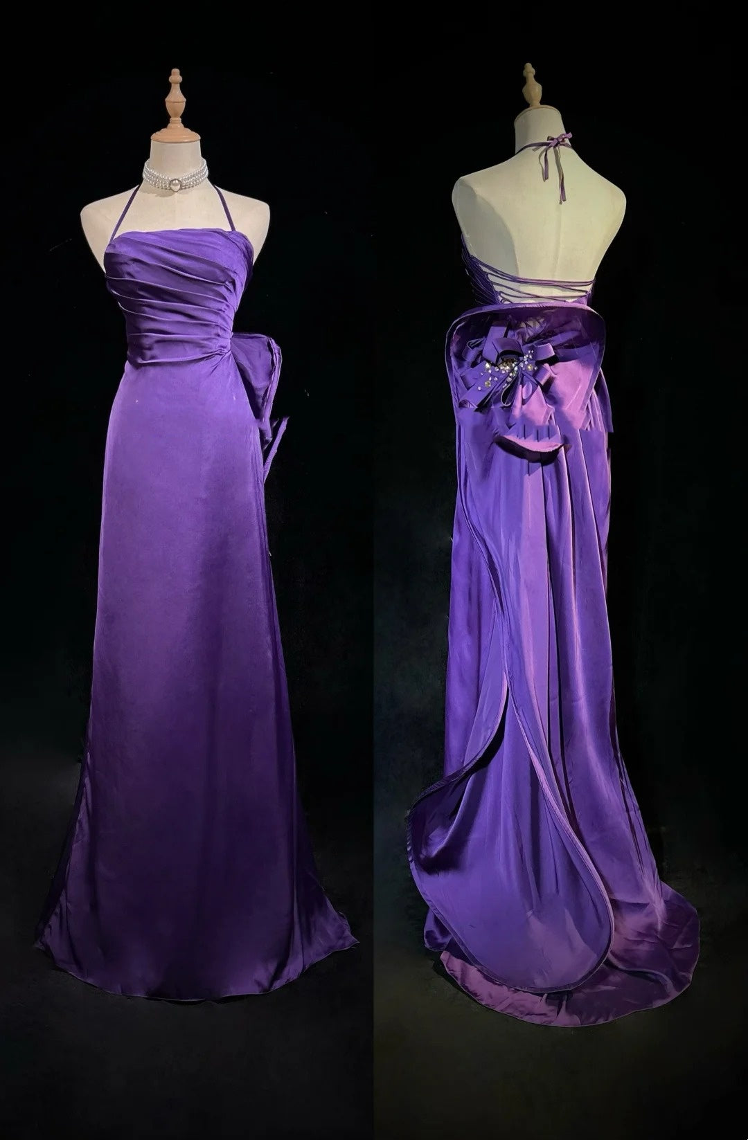 Vintage Prom Dresses Inspo Mermaid Halter Grape Satin Long 1990s With Beading Formal Gowns N3333
