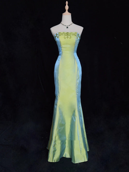 Vintage Prom Dresses Inspo Mermaid Strapless Sage Green Satin 90s With Beading For Women Formal Gowns N3330
