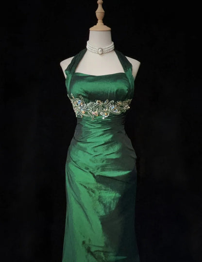 Vintage Prom Dresses Inspo Mermaid 90s Halter Dark Green With Appliqued For Women Formal Dress N3269