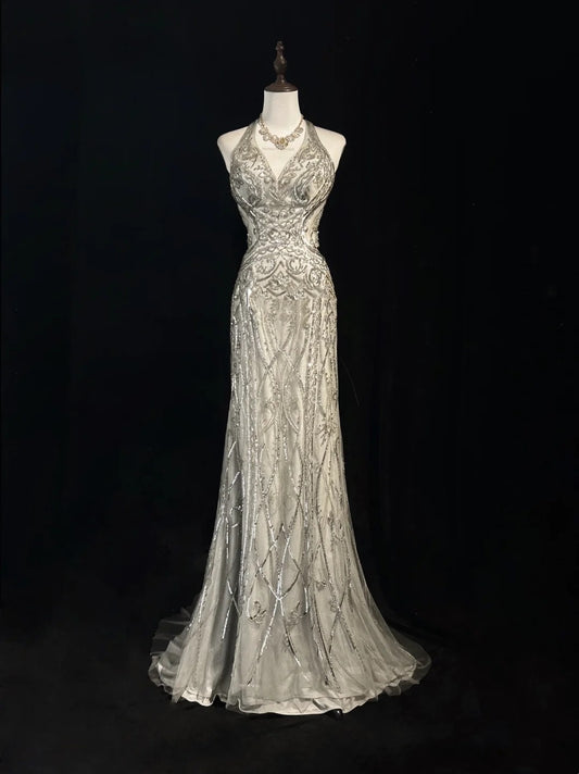 Vintage Prom Dresses Inspo Mermaid Halter Silver Gray Sequin 80s With Backless Formal Gowns N3369