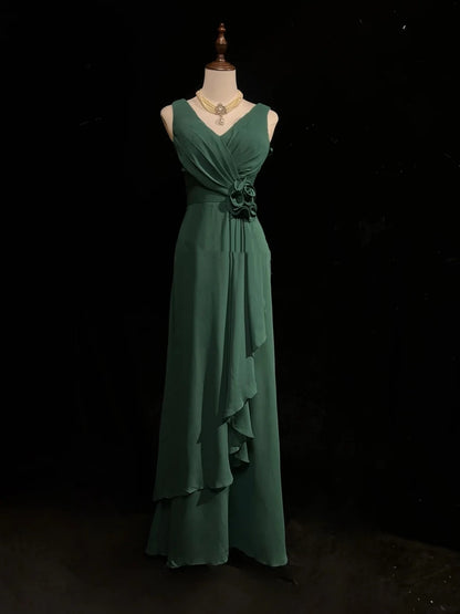 Simple Prom Dresses A line V Neck Dark Green Chiffon Floor Length Ruffled Formal Evening Dress N3686